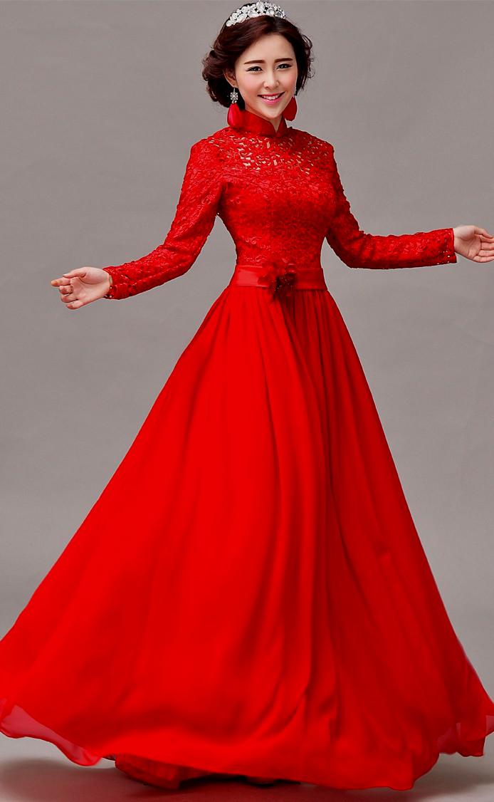 red wedding dresses with sleeves photo - 1